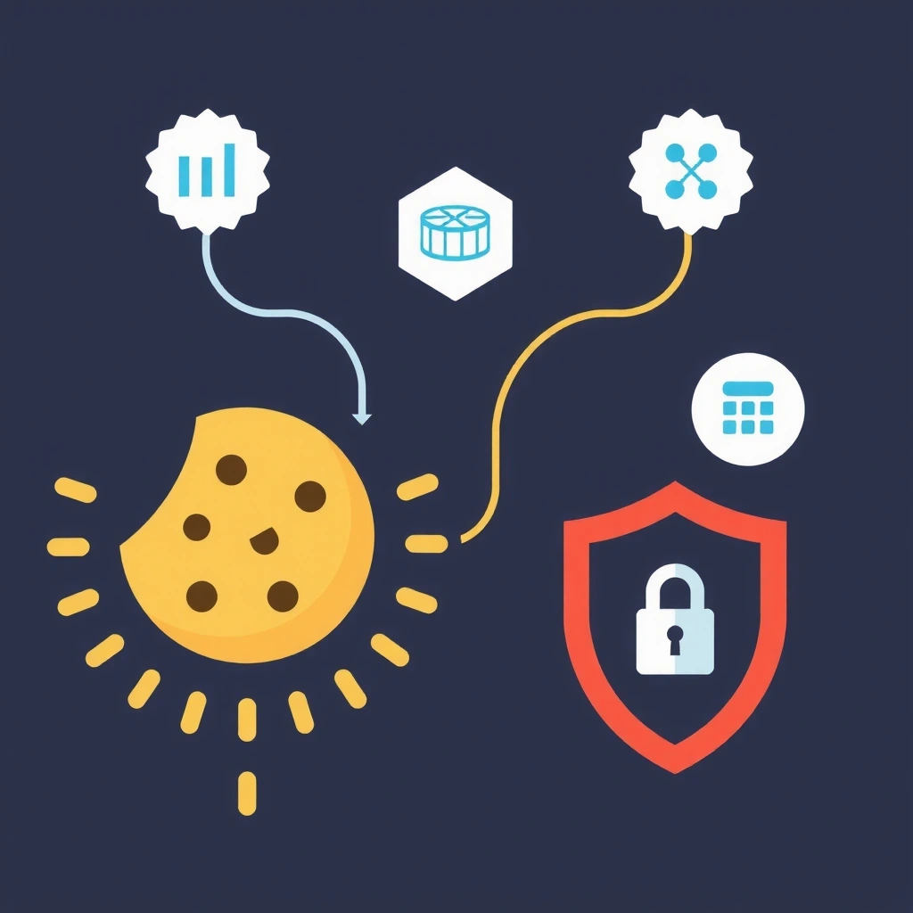 Ilustrație cu simboluri de cookie-uri și date, reprezentând confidențialitatea online