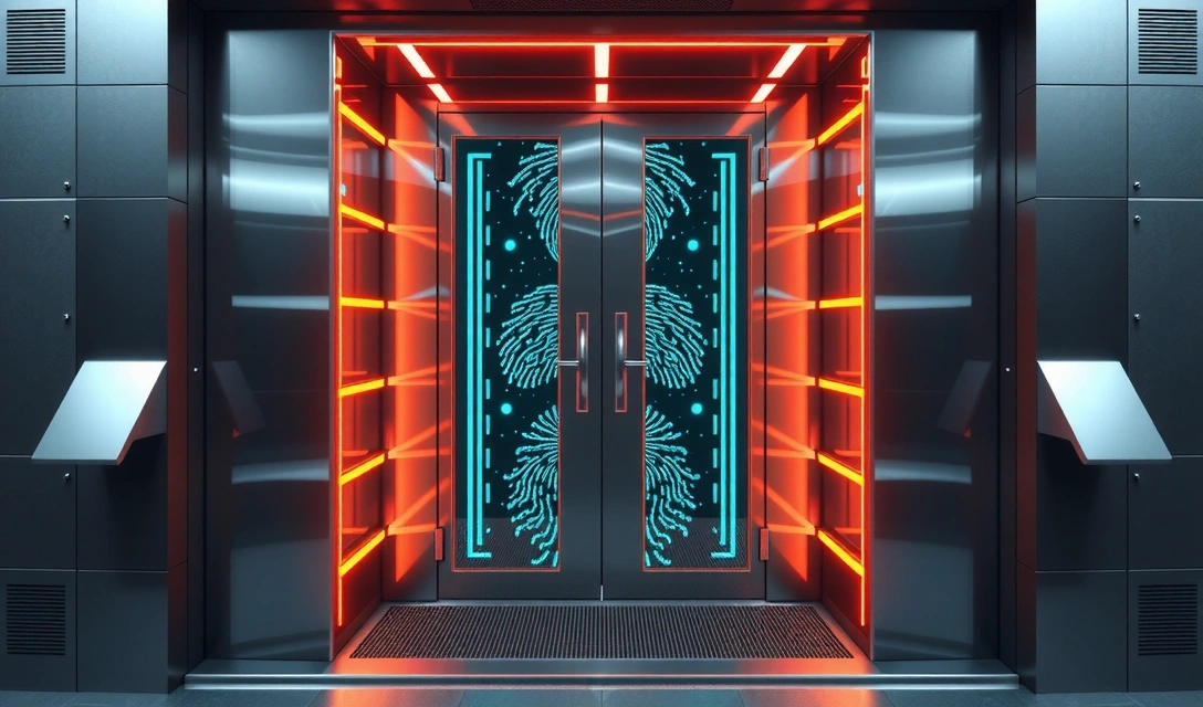 O ușă securizată cu un sistem de acces pe bază de amprentă sau parolă