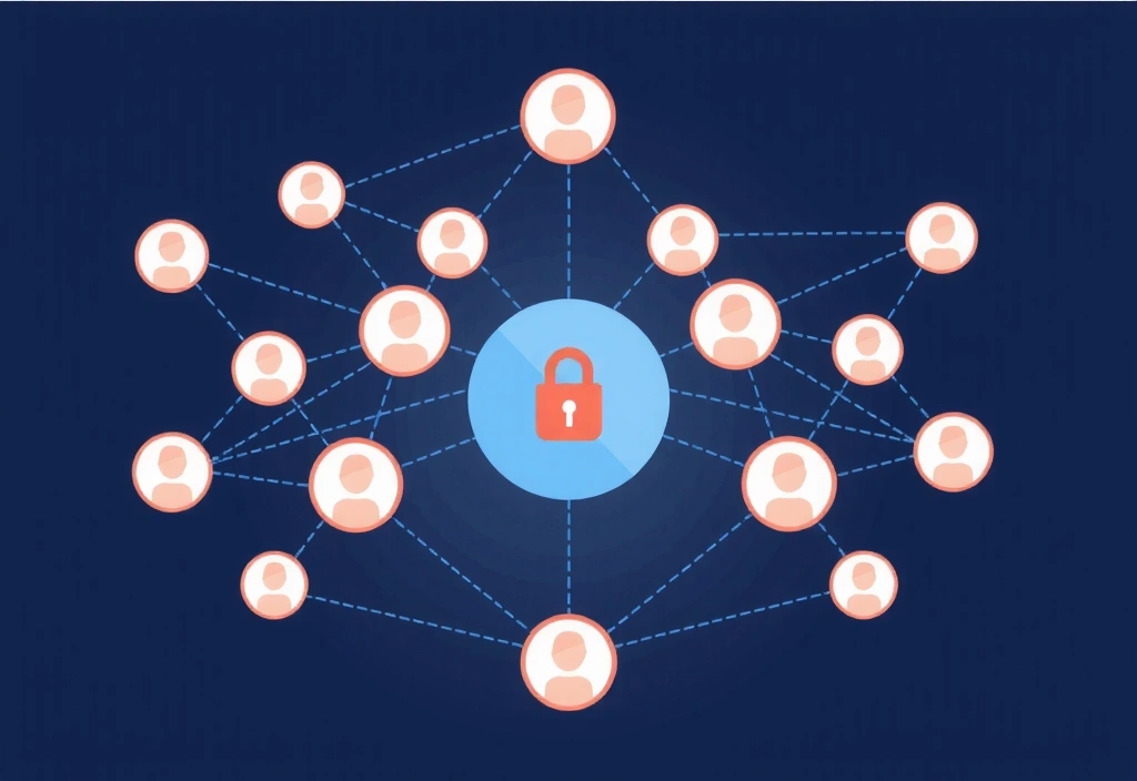 Rețea de persoane și date conectate, ilustrând conceptul de partajare securizată a informațiilor