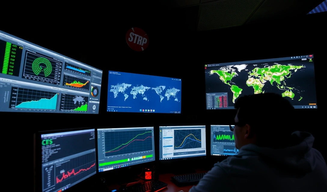 Un centru de monitorizare a securității cibernetice cu ecrane multiple afișând date și alerte