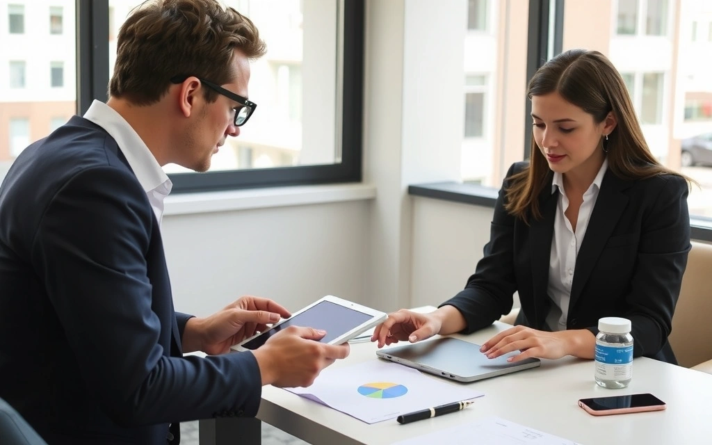 Imagine reprezentând o întâlnire de consultanță cu notițe și laptop
