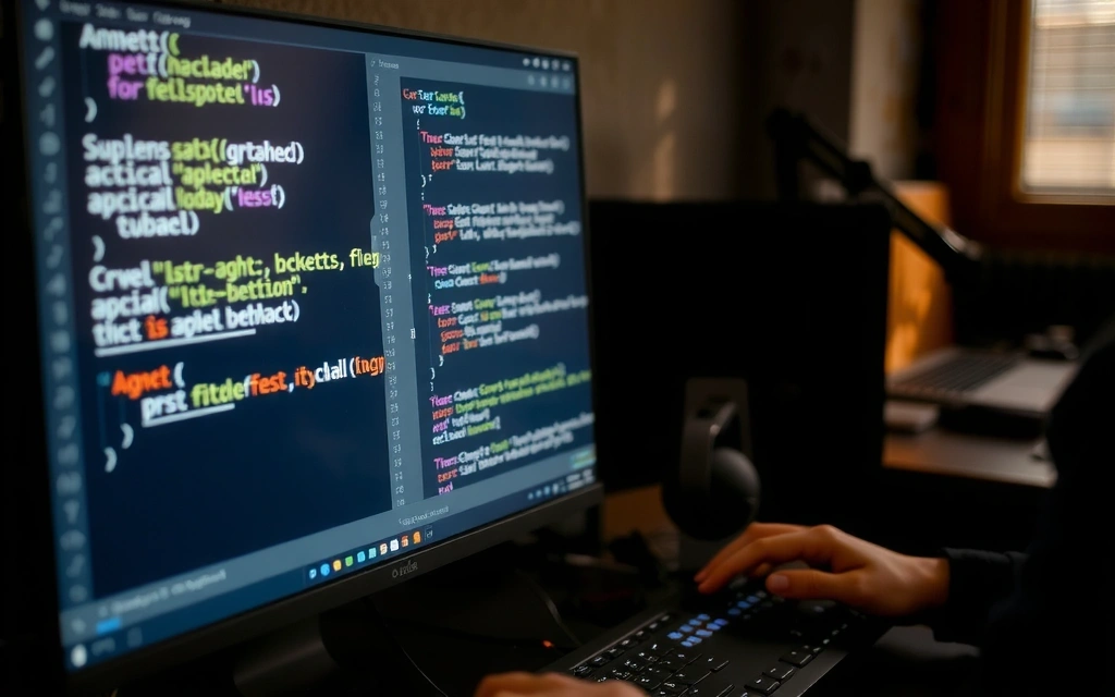 Imagine cu linii de cod pe un ecran de monitor, un dezvoltator lucrând