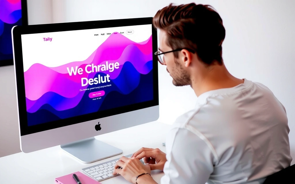 Imagine cu un designer lucrând la o interfață pe un monitor mare