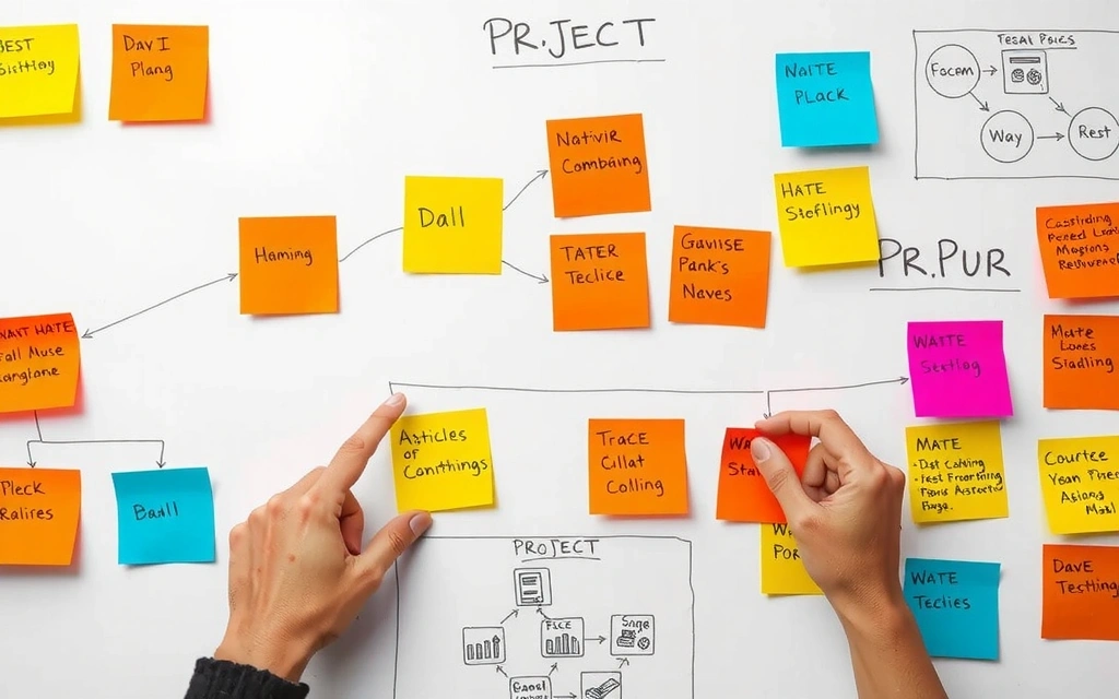 Imagine cu o tablă albă plină de diagrame și scheme de planificare