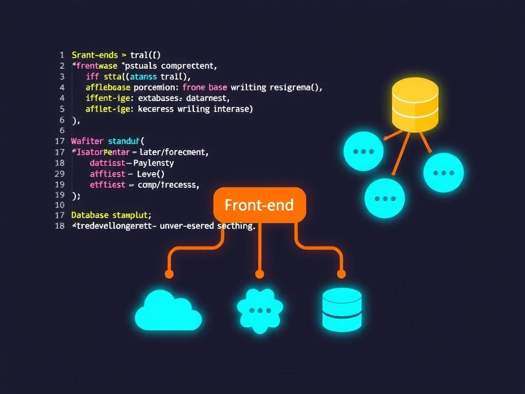 Diagramă complexă de dezvoltare web cu cod, baze de date și interfețe de utilizator interconectate