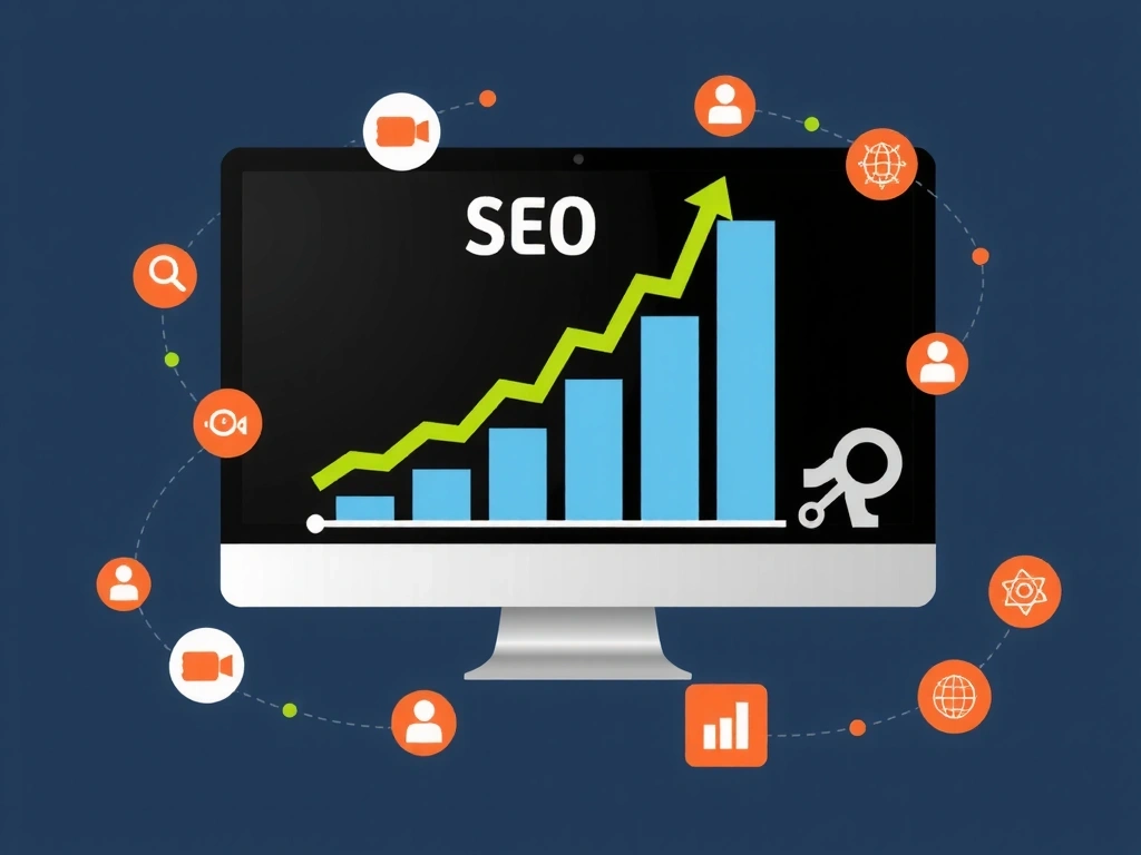 Grafic SEO ascendent pe un ecran de monitor, cu pictograme reprezentând cuvinte cheie și trafic web